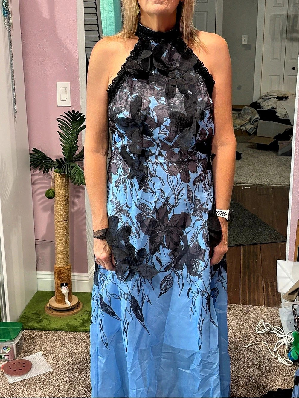 Floral Halter Maxi Dress in Blue & Black Like New
